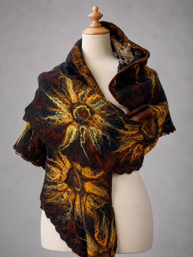 Textile accessories with floral motifs, unique creations in wet-felted merino wool.