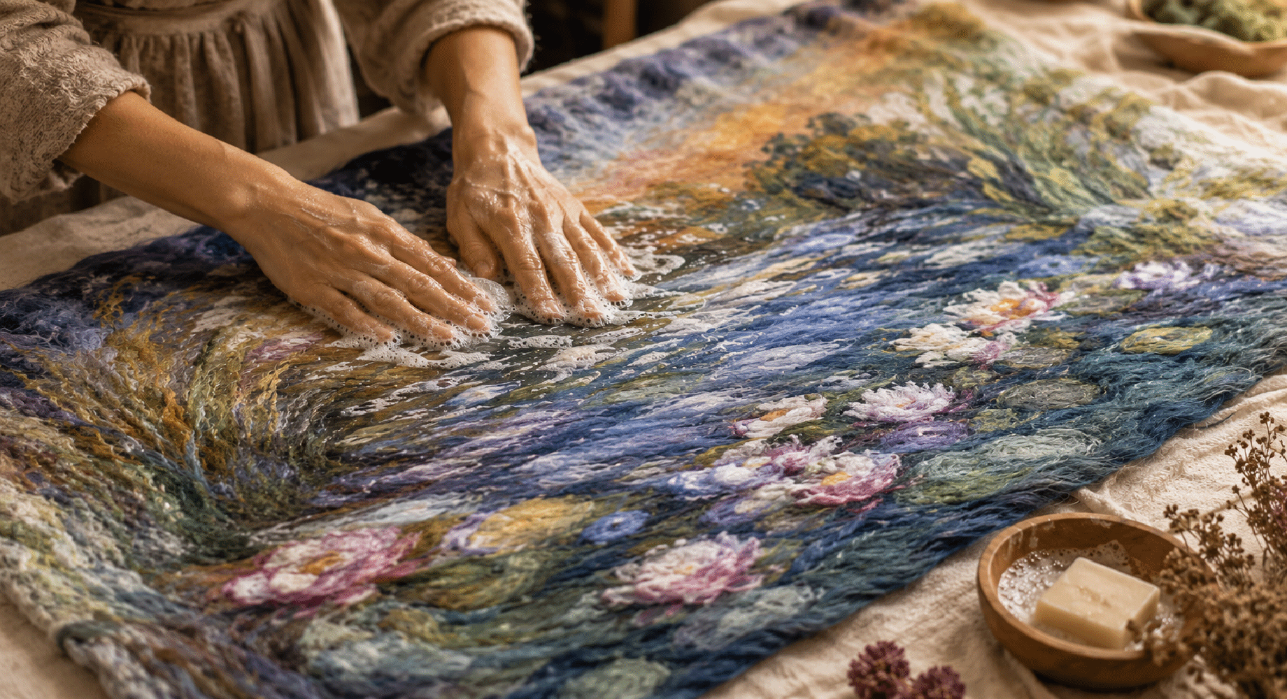 Wet felting technique on merino wool, high-end traditional craftsmanship.