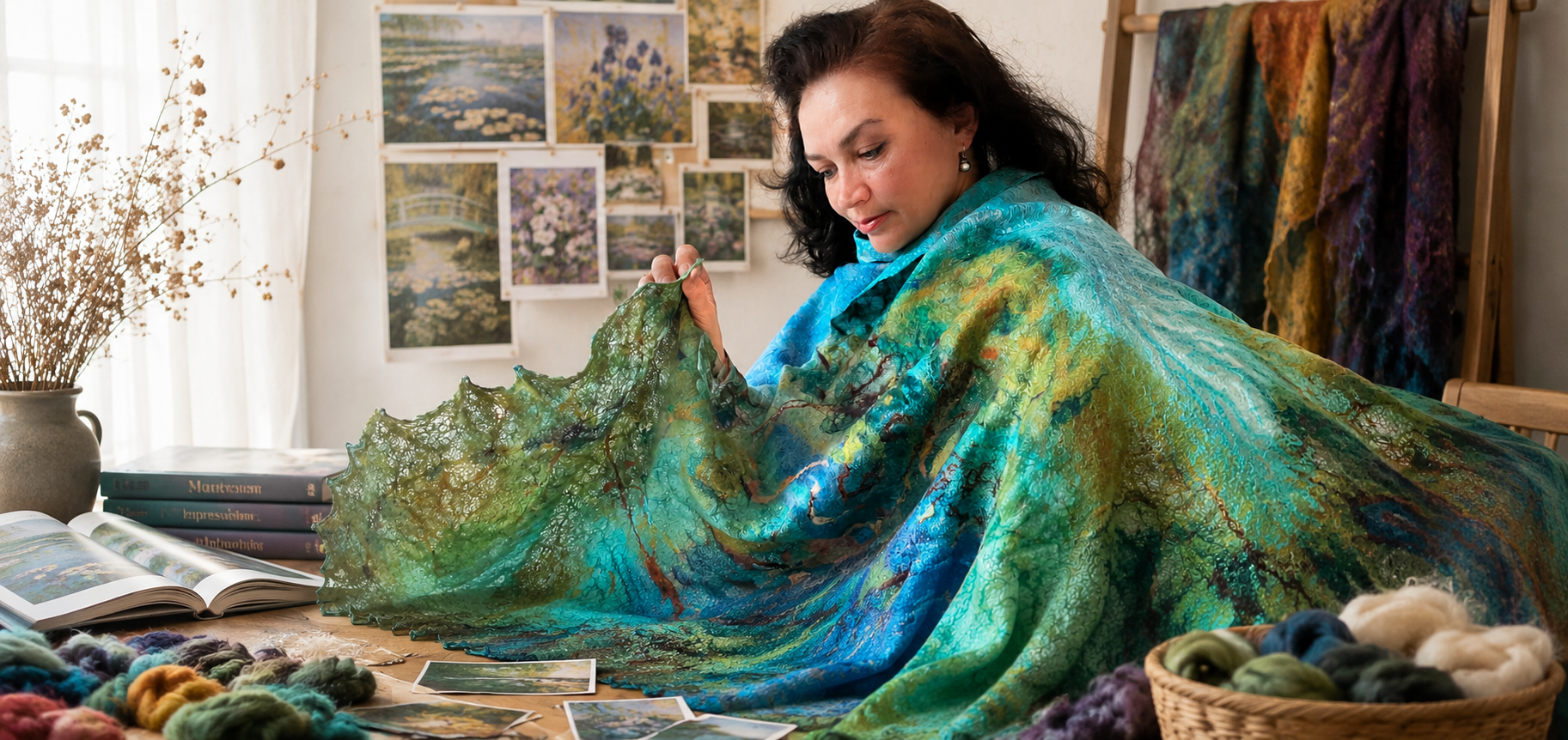 As a textile designer, felt maker, and former art teacher, I shape unique pieces from merino wool, silk, and other fibers.