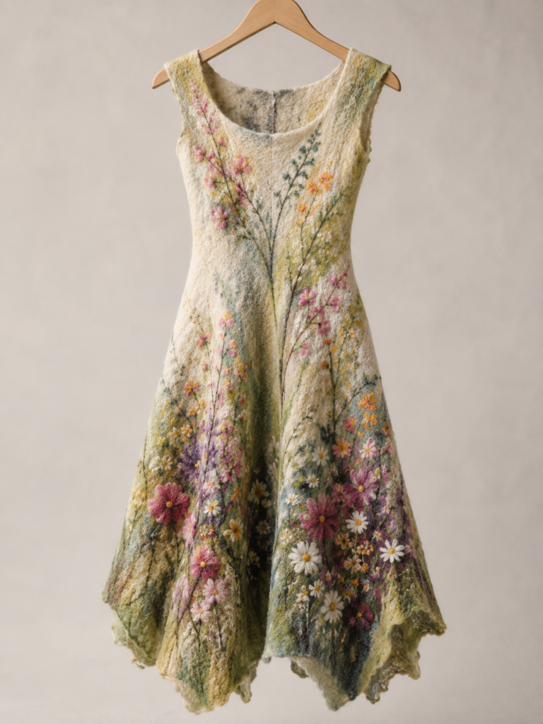 High-end dress in felted wool and silk. A unique designer piece made in Belfort.