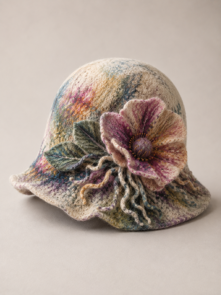 Artisanal felt hat, a unique clothing creation by the "Entre Fibres" workshop.