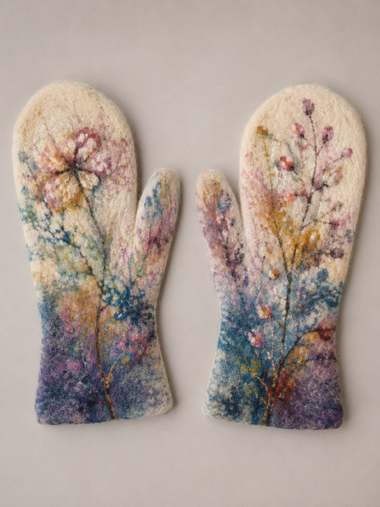 Handmade felt mittens, an original, highly comfortable, and accessible textile accessory.