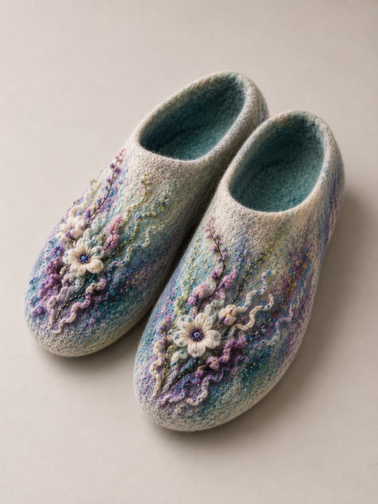 Comfortable artisanal slippers made with wet felting, a unique traditional craft.