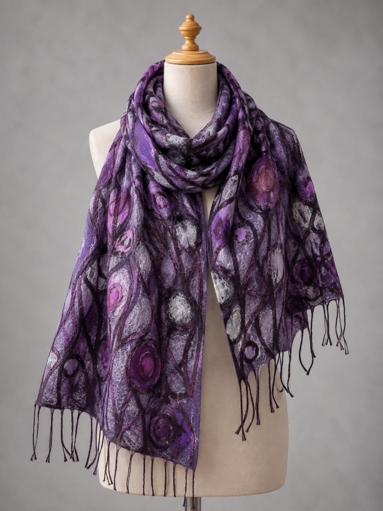 Elegant and high-end "Art Deco" clothing accessories in merino wool felted with soapy water.
